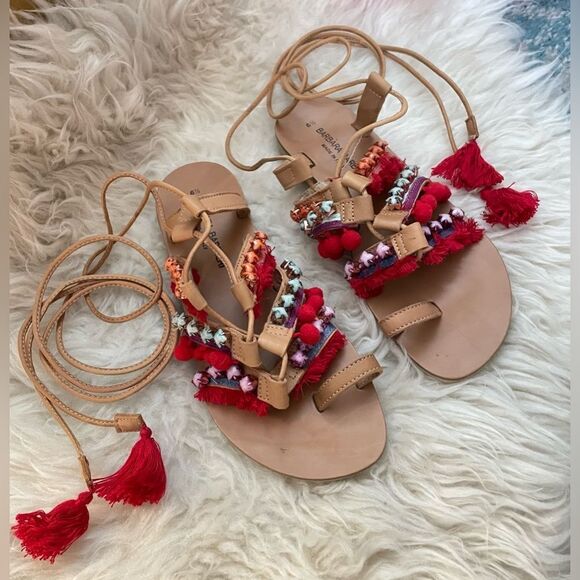 Barbara Barbieri festival boho lace up sandals pom pom beaded US 6.5 - Picture 2 of 5
